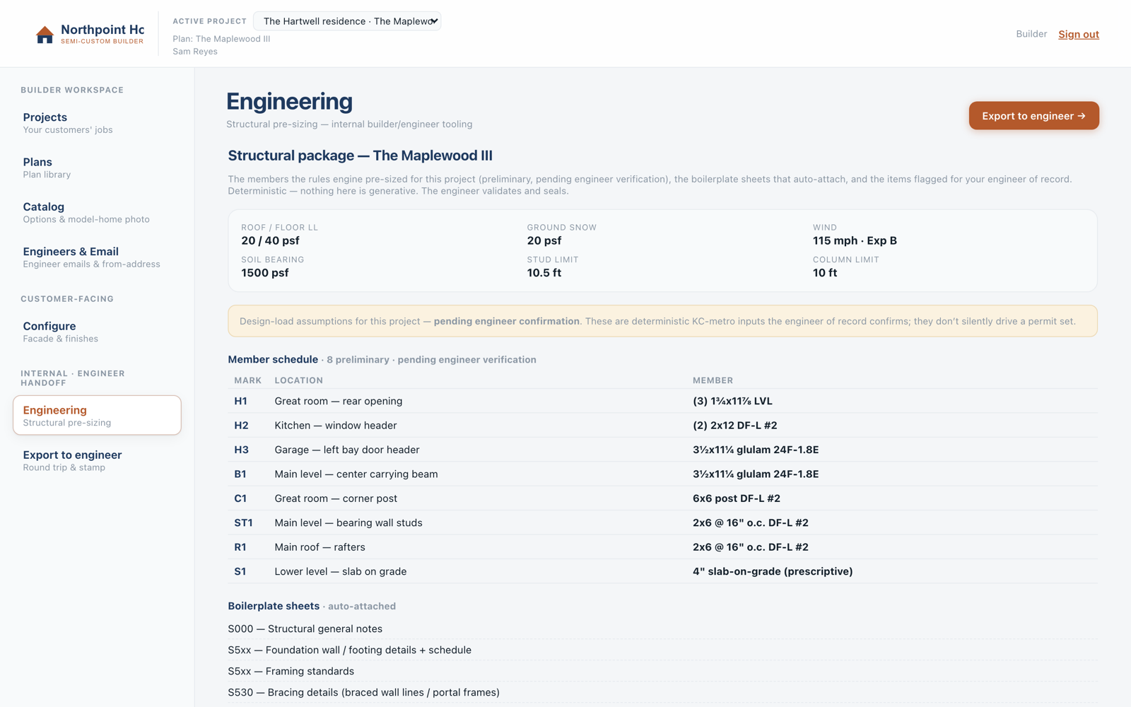 BuildLoop preliminary structural package: member schedule, design loads, and auto-attached boilerplate sheets, labeled pending engineer verification